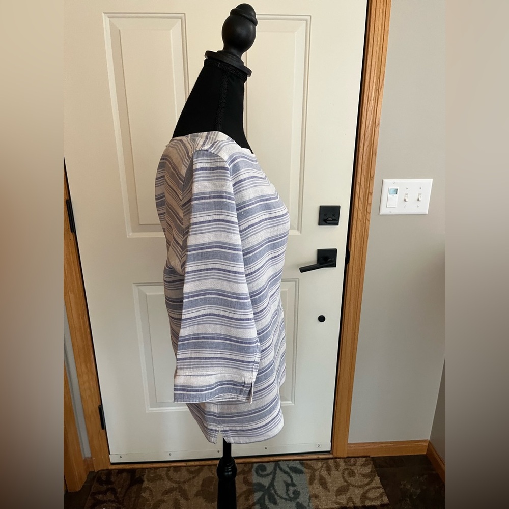 Women’s L.L. Bean 100% linen blue white stripe pullover boatneck tunic. Large P - Picture 2 of 14